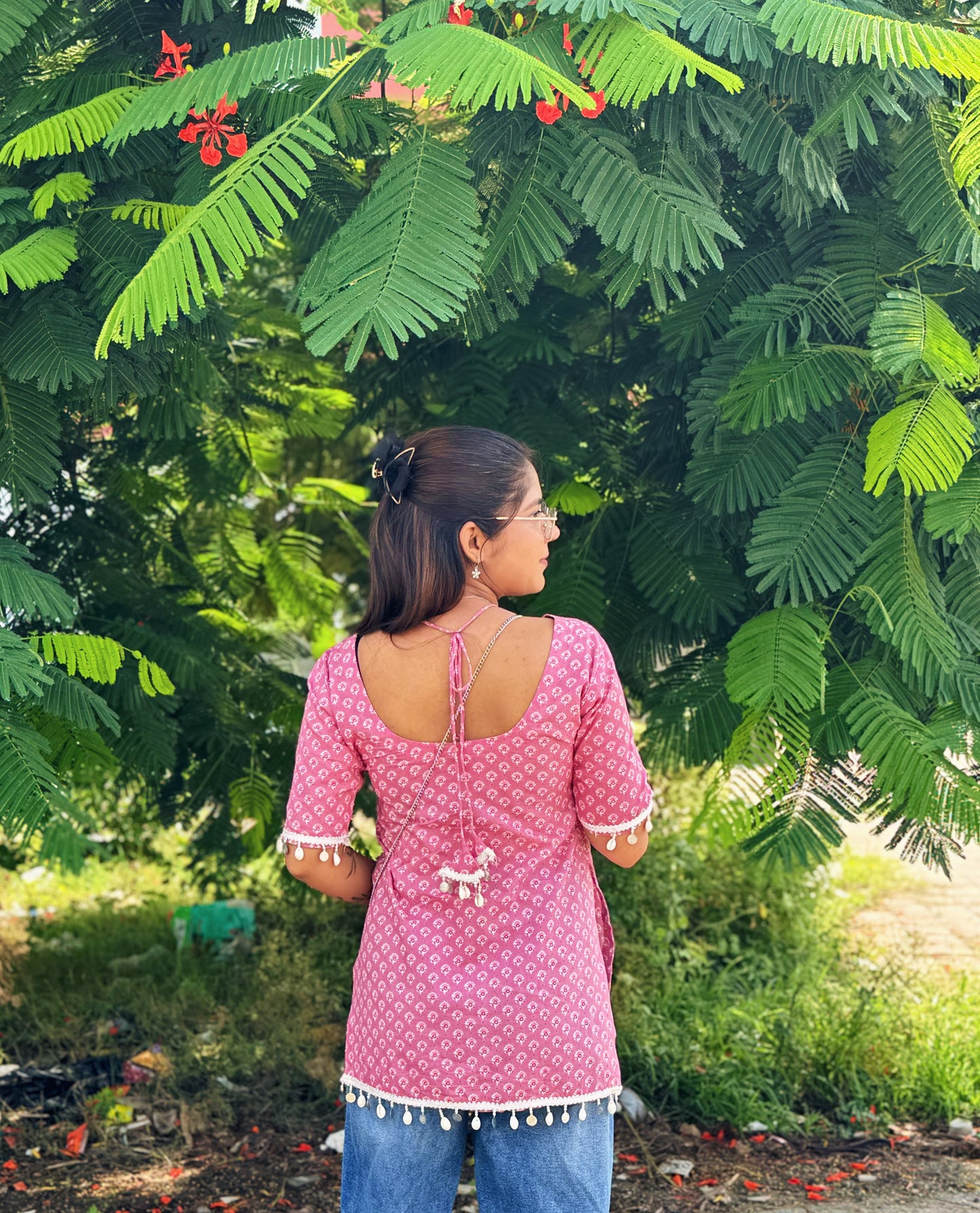 Printed Straight Kurti with Pom-Pom Detail for Women