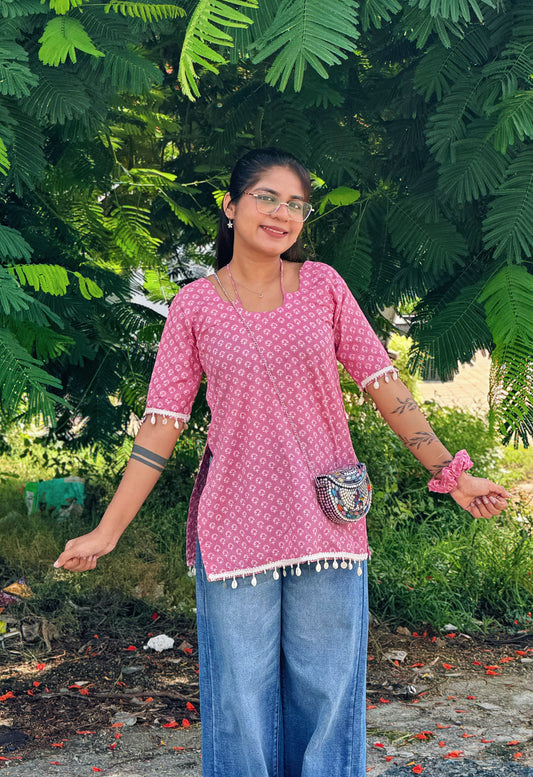 Printed Straight Kurti with Pom-Pom Detail for Women