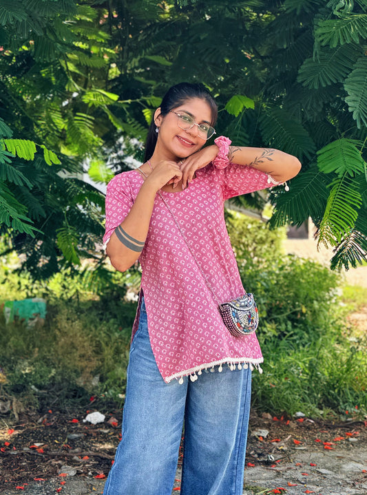 Printed Straight Kurti with Pom-Pom Detail for Women